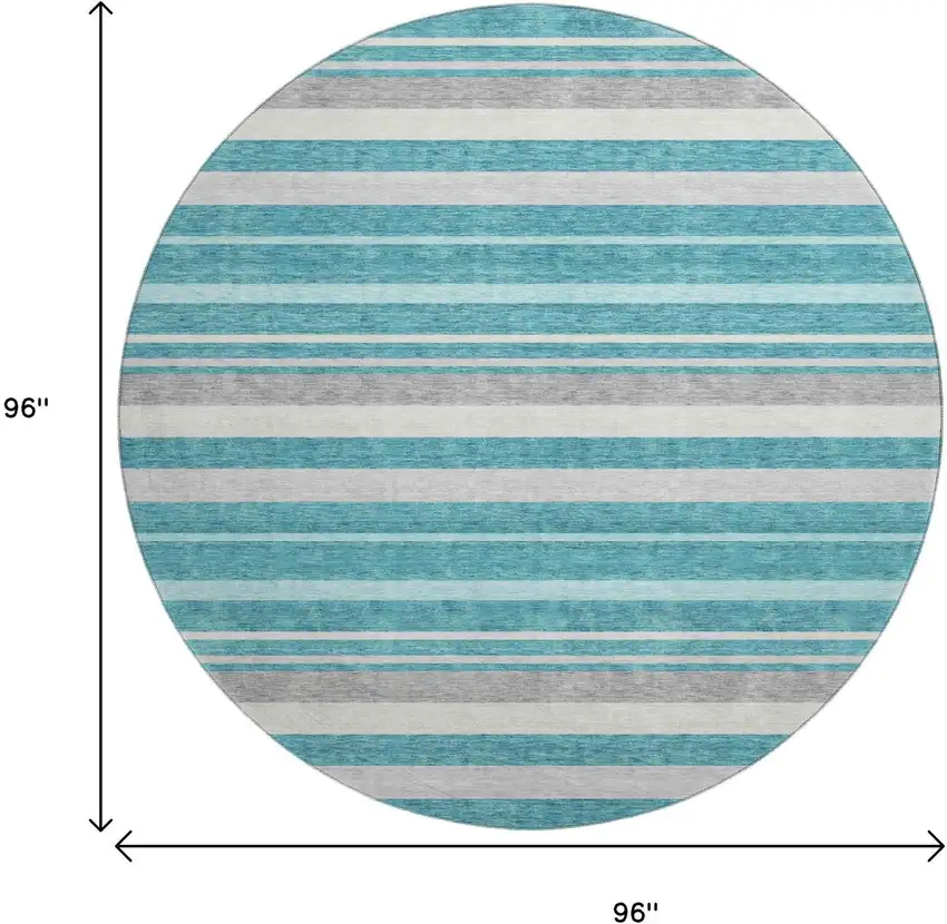 8' Teal Ivory And Gray Striped Washable Round Rug With UV Protection Photo 8