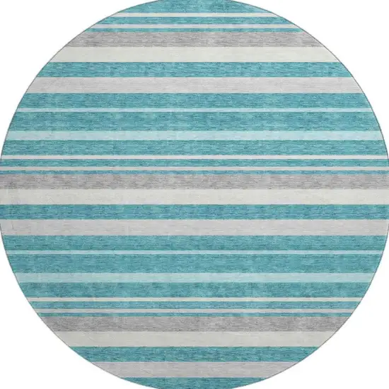 8' Teal Ivory And Gray Striped Washable Round Rug With UV Protection Photo 3