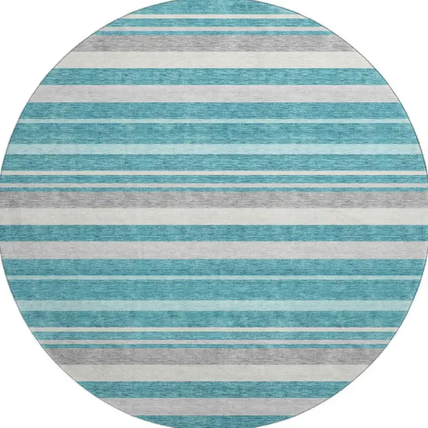 8' Teal Ivory And Gray Striped Washable Round Rug With UV Protection Photo 3