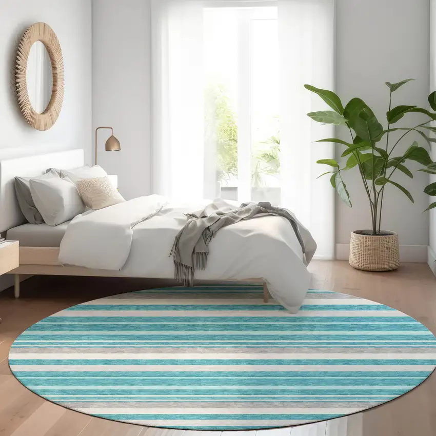 8' Teal Ivory And Gray Striped Washable Round Rug With UV Protection Photo 5