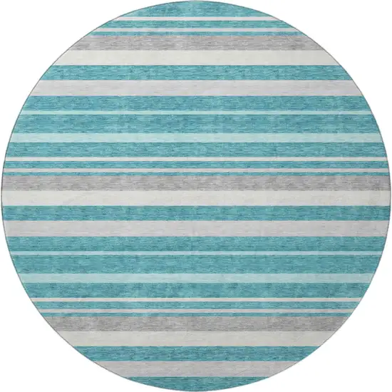 8' Teal Ivory And Gray Striped Washable Round Rug With UV Protection Photo 4