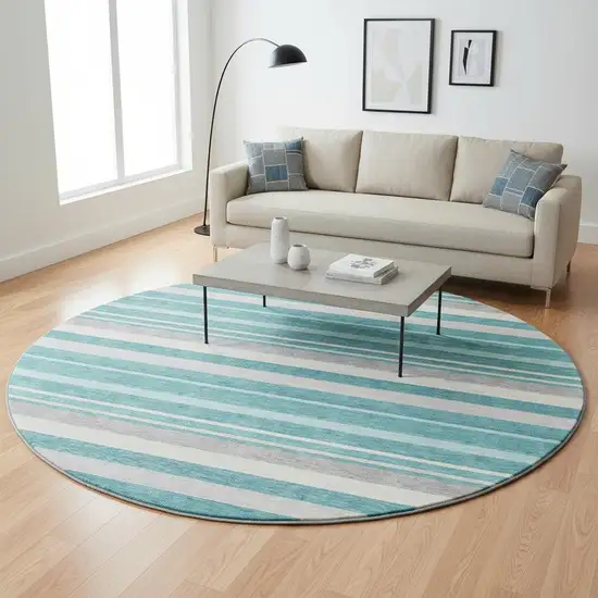 8' Teal Ivory And Gray Striped Washable Round Rug With UV Protection Photo 2