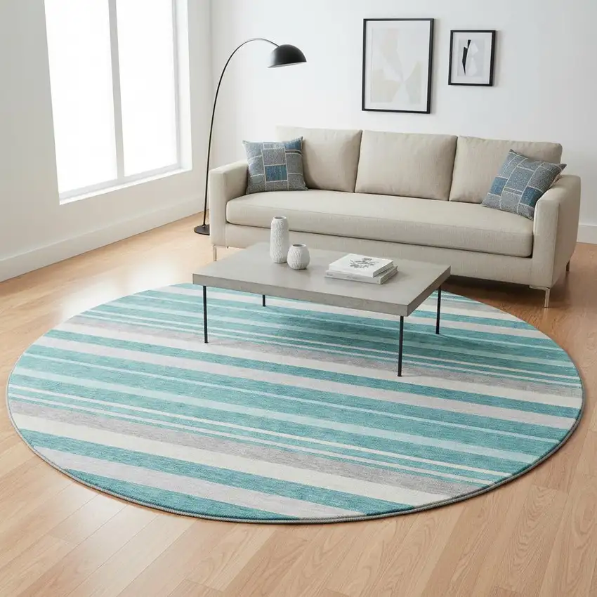 8' Teal Ivory And Gray Striped Washable Round Rug With UV Protection Photo 2