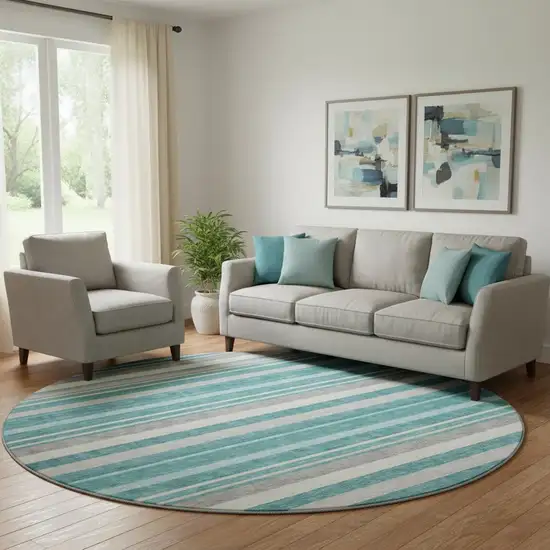 8' Teal Ivory And Gray Striped Washable Round Rug With UV Protection Photo 1