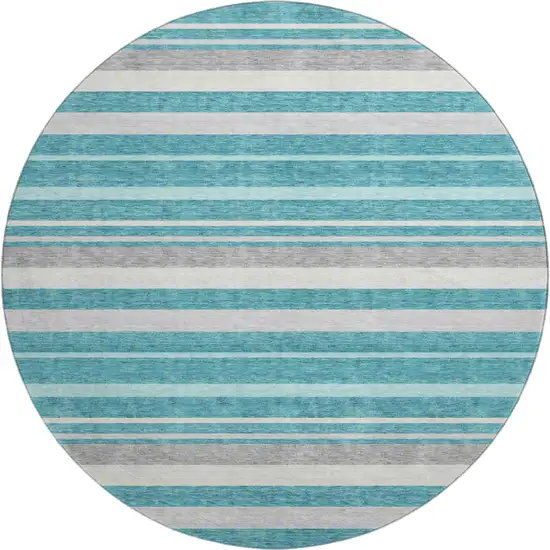 8' Teal Ivory And Gray Striped Washable Round Rug With UV Protection Photo 1