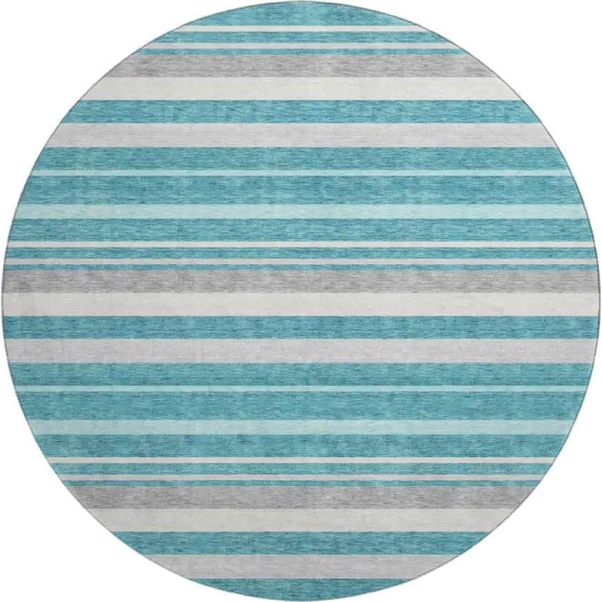 8' Teal Ivory And Gray Striped Washable Round Rug With UV Protection Photo 1