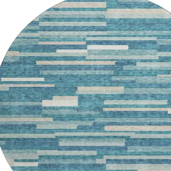 8' Teal Ivory And Gray Striped Washable Round Rug With UV Protection Photo 3