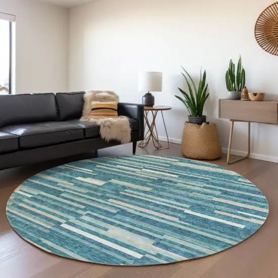 8' Teal Ivory And Gray Striped Washable Round Rug With UV Protection Photo 5