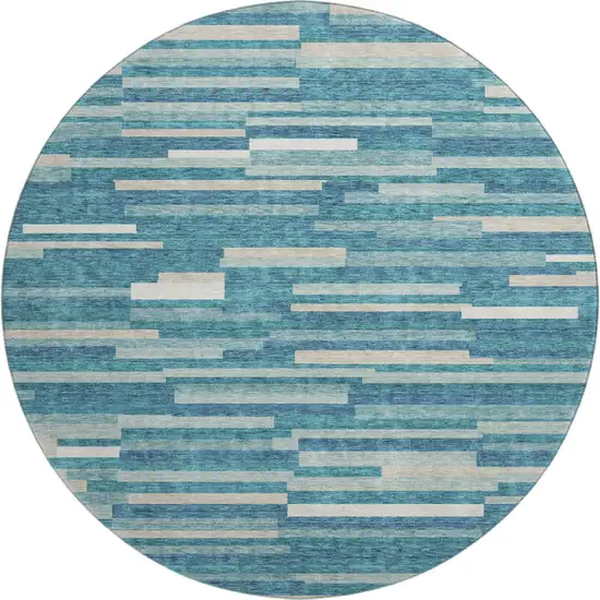 8' Teal Ivory And Gray Striped Washable Round Rug With UV Protection Photo 1