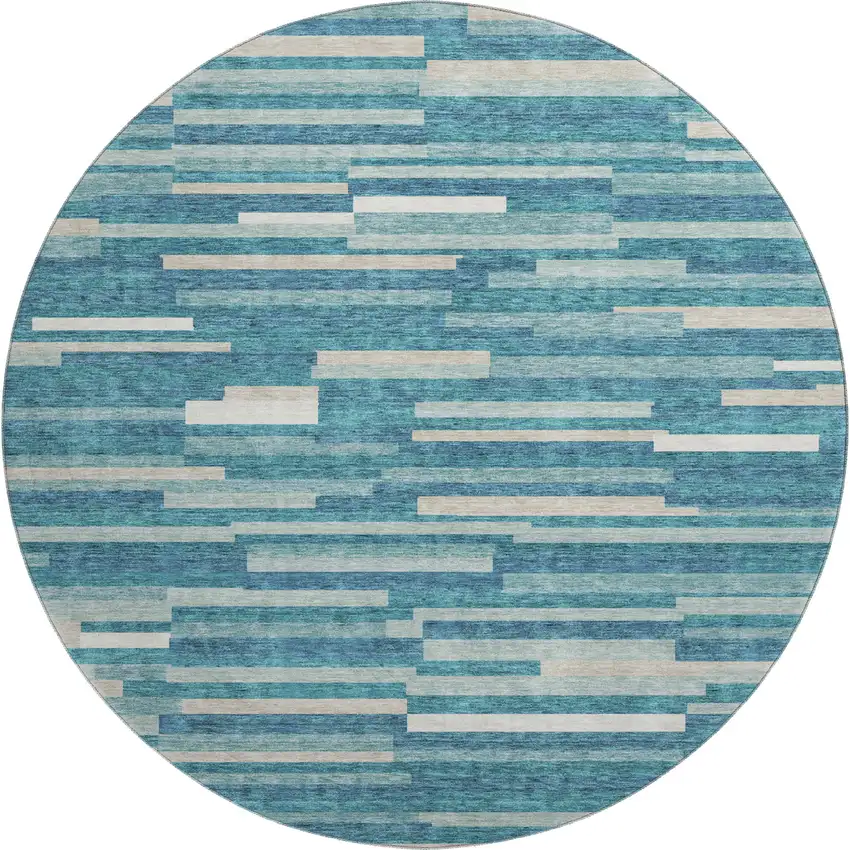 8' Teal Ivory And Gray Striped Washable Round Rug With UV Protection Photo 1