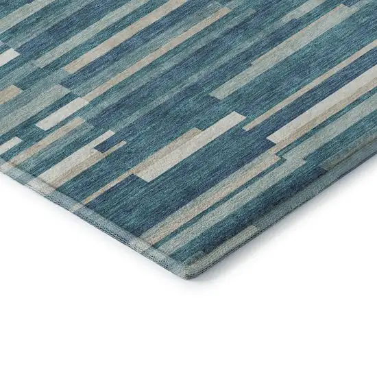 8' Teal Ivory And Gray Striped Washable Round Rug With UV Protection Photo 7