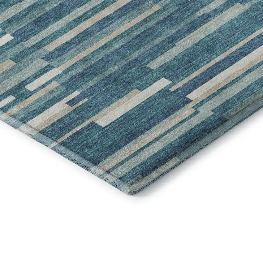 8' Teal Ivory And Gray Striped Washable Round Rug With UV Protection Photo 7