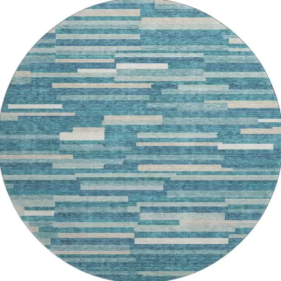 8' Teal Ivory And Gray Striped Washable Round Rug With UV Protection Photo 4