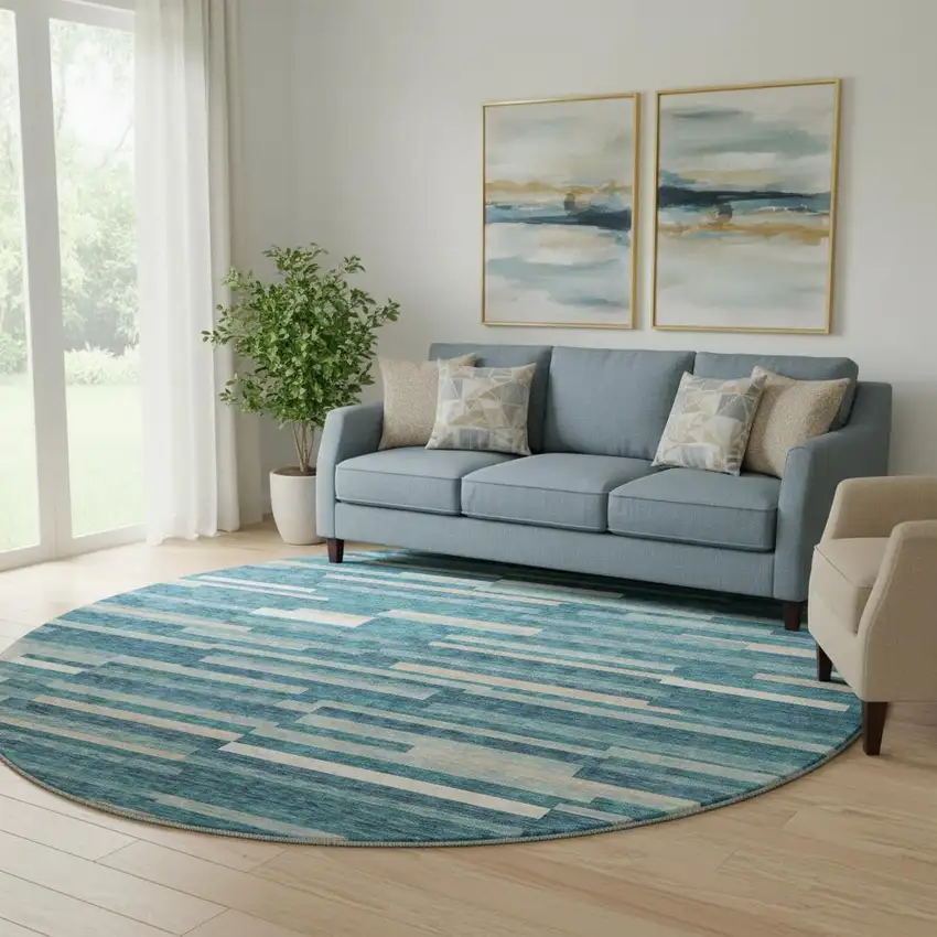 8' Teal Ivory And Gray Striped Washable Round Rug With UV Protection Photo 1