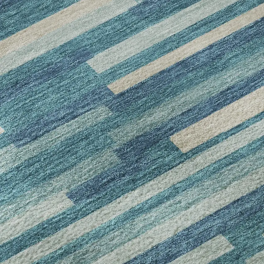 8' Teal Ivory And Gray Striped Washable Round Rug With UV Protection Photo 9