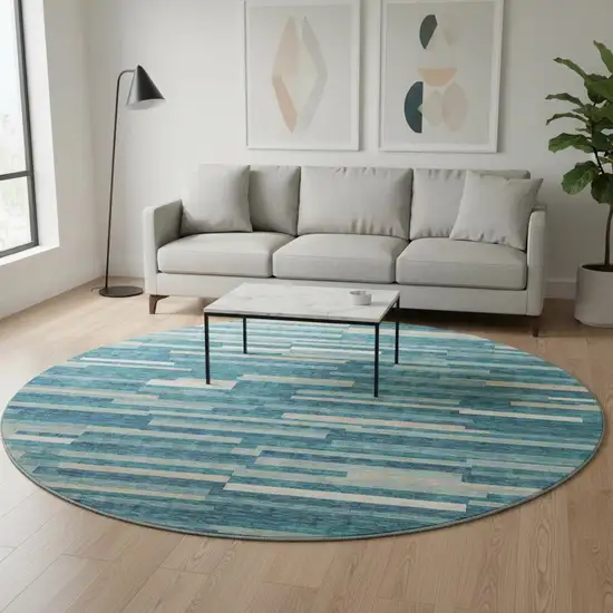8' Teal Ivory And Gray Striped Washable Round Rug With UV Protection Photo 2