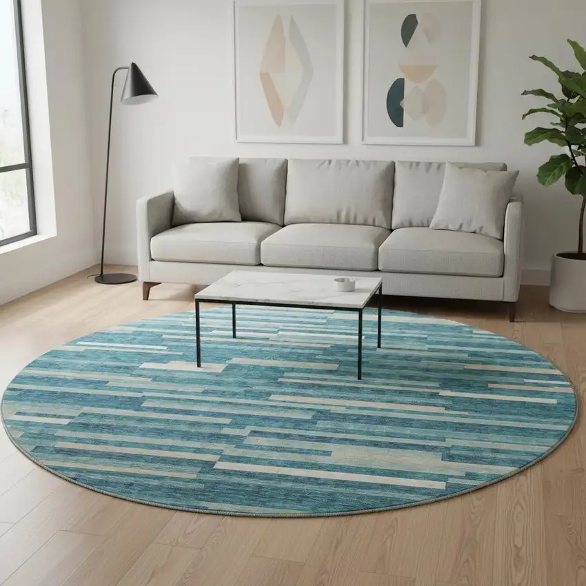 8' Teal Ivory And Gray Striped Washable Round Rug With UV Protection Photo 2