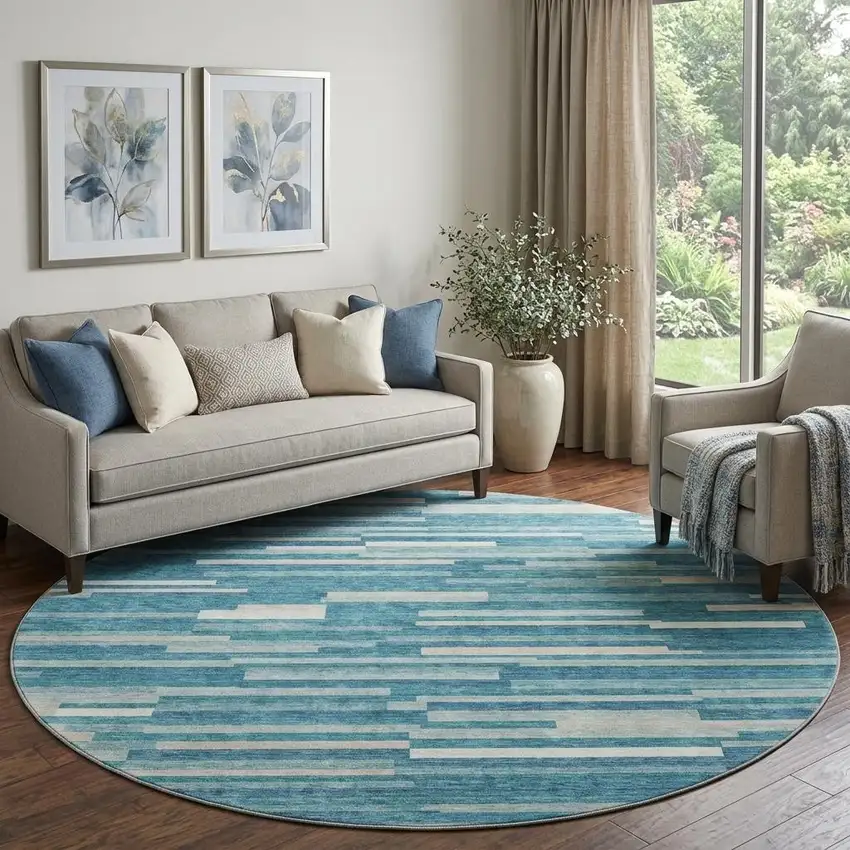 8' Teal Ivory And Gray Striped Washable Round Rug With UV Protection Photo 1