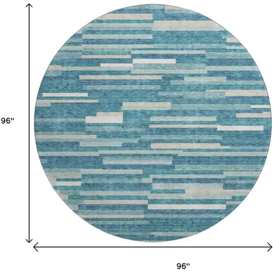 8' Teal Ivory And Gray Striped Washable Round Rug With UV Protection Photo 8