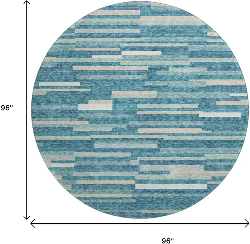 8' Teal Ivory And Gray Striped Washable Round Rug With UV Protection Photo 8