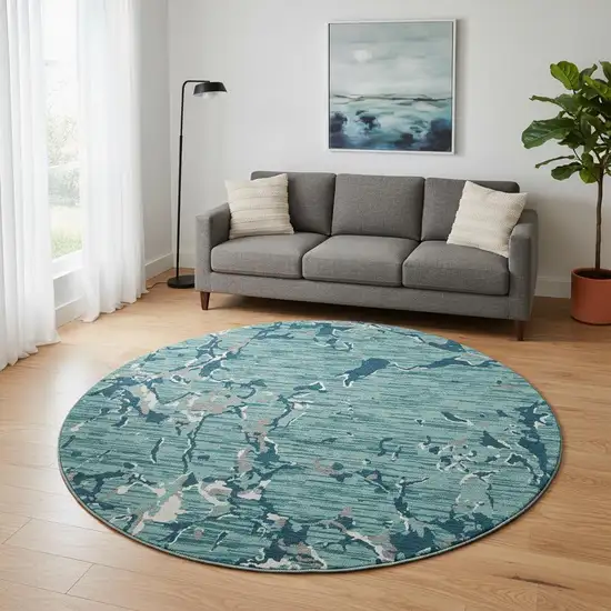 8' Teal Ivory And Gray Striped Washable Round Rug With UV Protection Photo 2