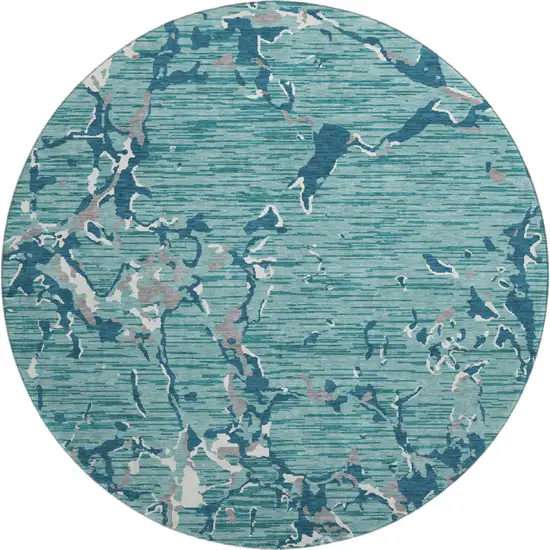 8' Teal Ivory And Gray Striped Washable Round Rug With UV Protection Photo 1