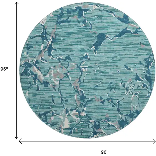 8' Teal Ivory And Gray Striped Washable Round Rug With UV Protection Photo 9