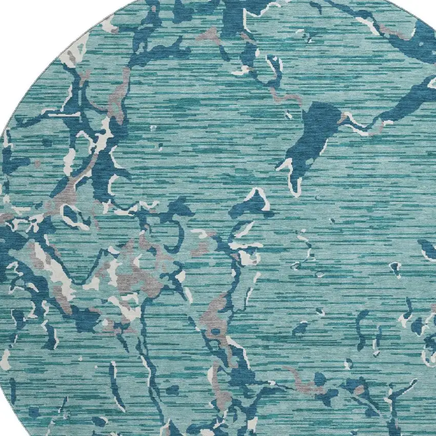 8' Teal Ivory And Gray Striped Washable Round Rug With UV Protection Photo 2