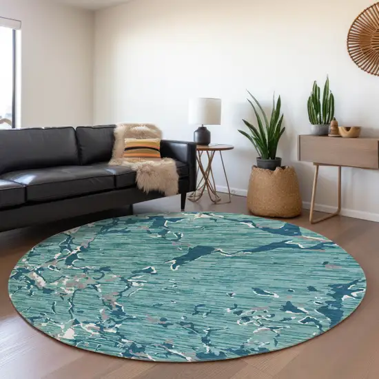 8' Teal Ivory And Gray Striped Washable Round Rug With UV Protection Photo 4