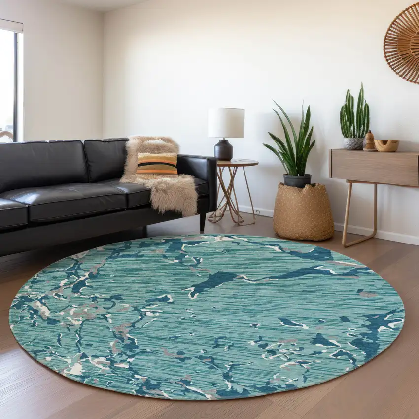 8' Teal Ivory And Gray Striped Washable Round Rug With UV Protection Photo 4