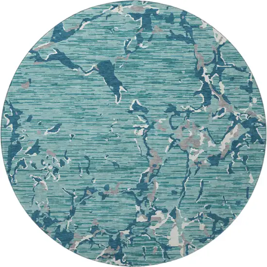 8' Teal Ivory And Gray Striped Washable Round Rug With UV Protection Photo 3