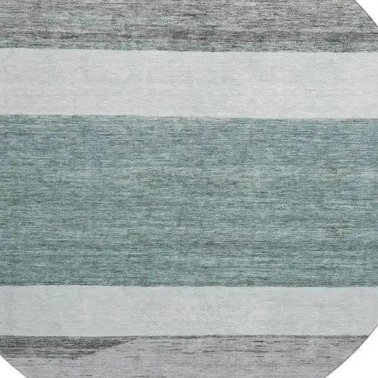 8' Teal Ivory And Gray Striped Washable Round Rug With UV Protection Photo 3