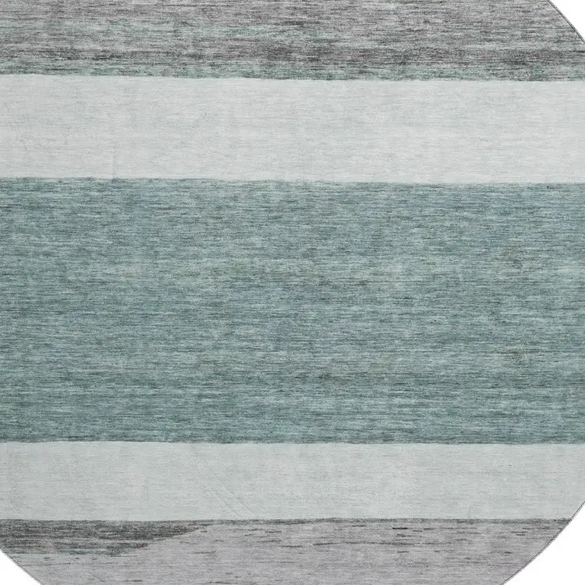 8' Teal Ivory And Gray Striped Washable Round Rug With UV Protection Photo 3