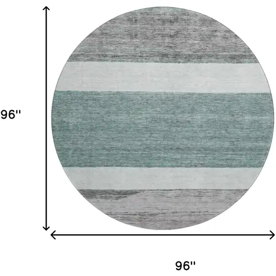 8' Teal Ivory And Gray Striped Washable Round Rug With UV Protection Photo 9