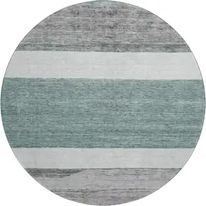 Photo of 8' Teal Ivory And Gray Striped Washable Round Rug With UV Protection