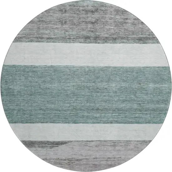 8' Teal Ivory And Gray Striped Washable Round Rug With UV Protection Photo 1
