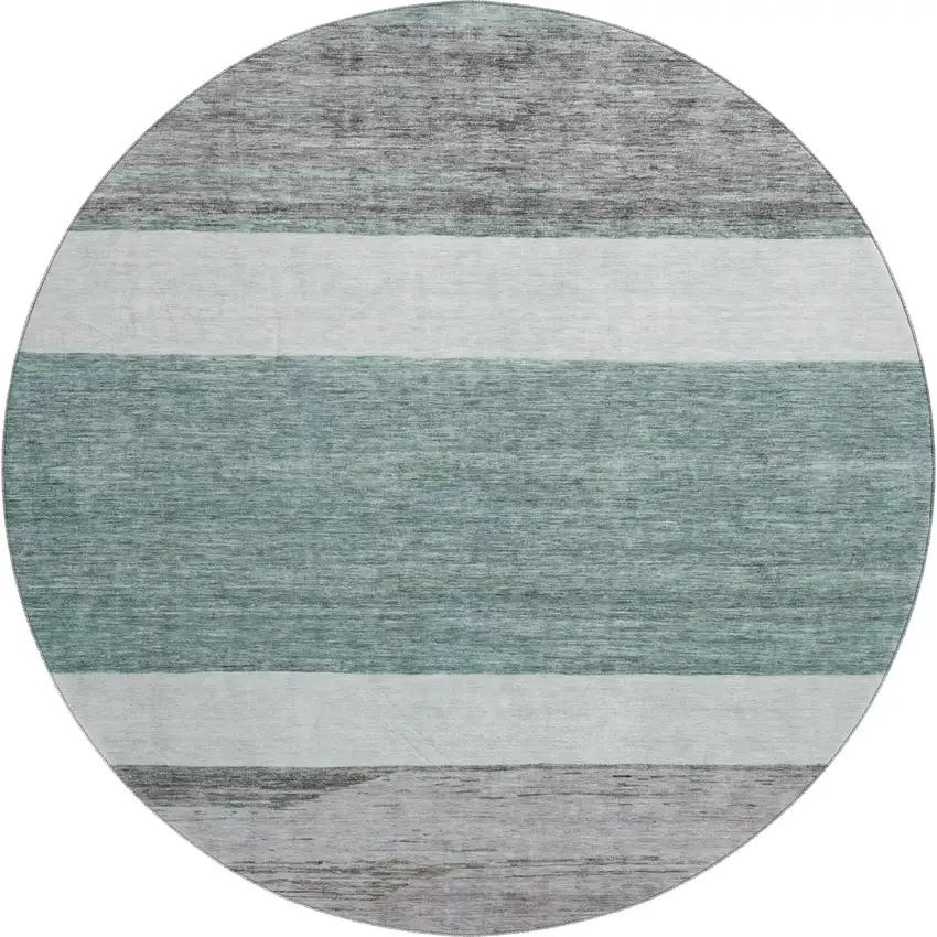 8' Teal Ivory And Gray Striped Washable Round Rug With UV Protection Photo 1