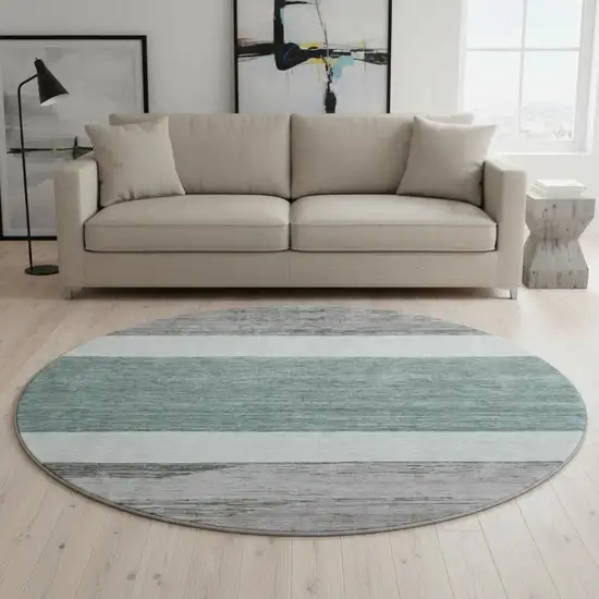 8' Teal Ivory And Gray Striped Washable Round Rug With UV Protection Photo 2