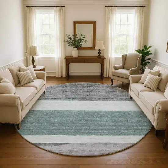 8' Teal Ivory And Gray Striped Washable Round Rug With UV Protection Photo 4
