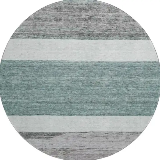8' Teal Ivory And Gray Striped Washable Round Rug With UV Protection Photo 3