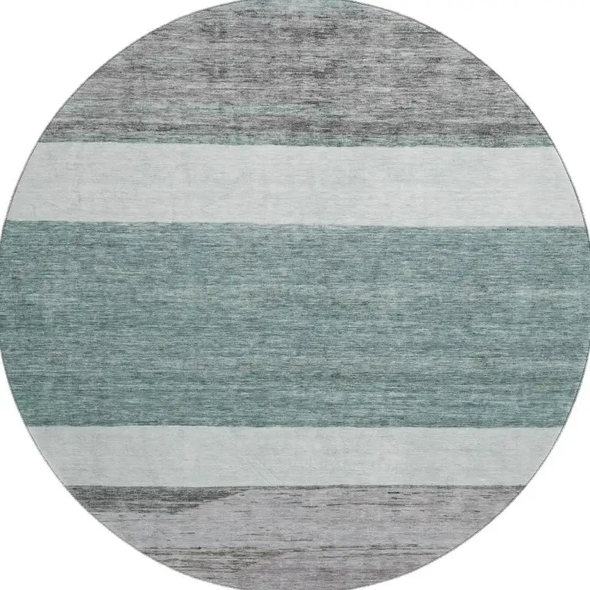 8' Teal Ivory And Gray Striped Washable Round Rug With UV Protection Photo 3