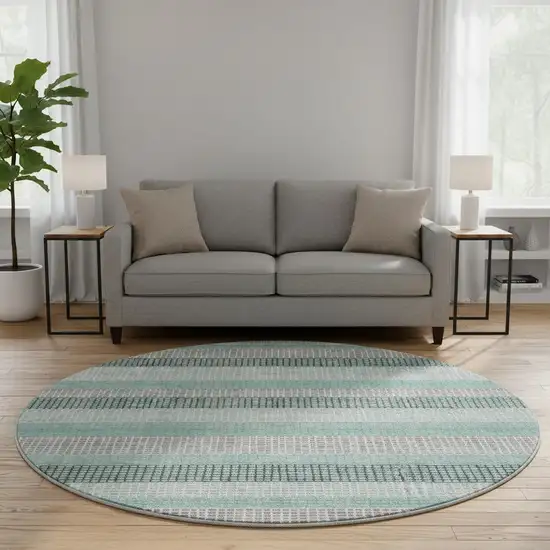 8' Teal Ivory And Gray Striped Washable Round Rug With UV Protection Photo 2