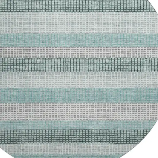 8' Teal Ivory And Gray Striped Washable Round Rug With UV Protection Photo 3