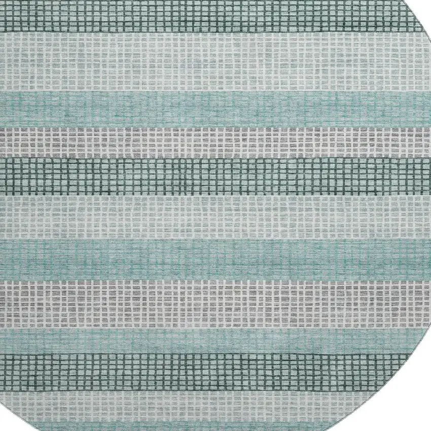 8' Teal Ivory And Gray Striped Washable Round Rug With UV Protection Photo 3