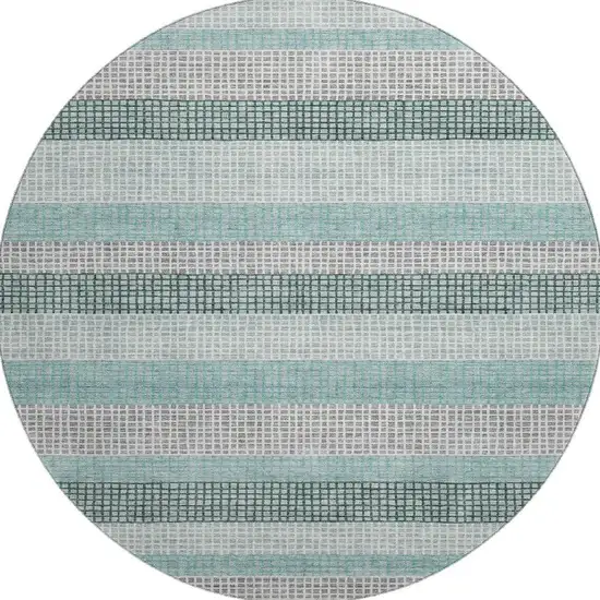 8' Teal Ivory And Gray Striped Washable Round Rug With UV Protection Photo 4