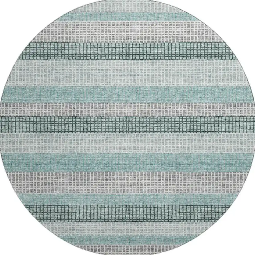 8' Teal Ivory And Gray Striped Washable Round Rug With UV Protection Photo 4