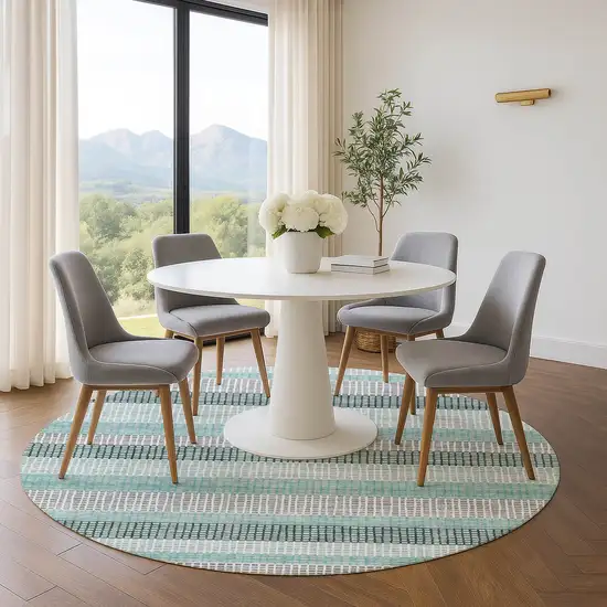 8' Teal Ivory And Gray Striped Washable Round Rug With UV Protection Photo 5