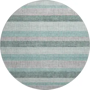 Photo of 8' Teal Ivory And Gray Striped Washable Round Rug With UV Protection