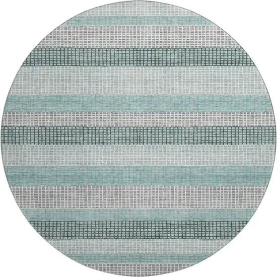 8' Teal Ivory And Gray Striped Washable Round Rug With UV Protection Photo 1