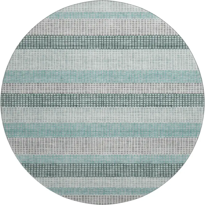 8' Teal Ivory And Gray Striped Washable Round Rug With UV Protection Photo 1